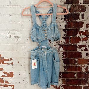 Vintage 80's Lightwash Jean Cropped Shorter-alls | Women's 7/8